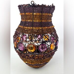 Pier 1 Purple Amber Beaded Hanging Lantern Bohemian Moroccan Indoor Outdoor
